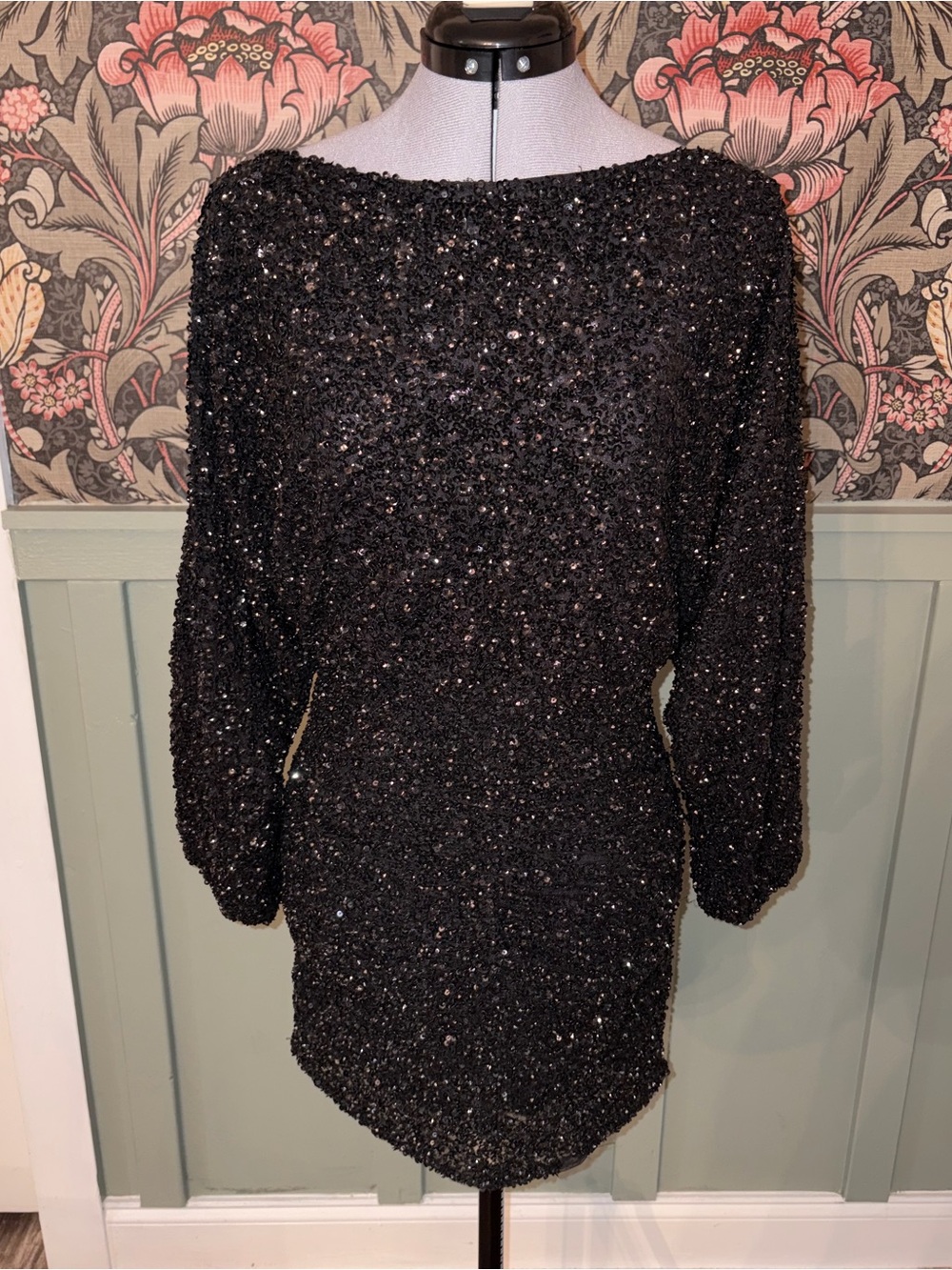 ba&sh Black Sequin Mini Dress with Boatneck
